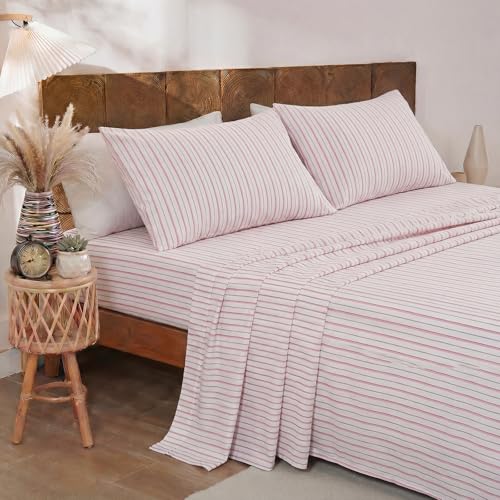 Image of Merryword Classic Striped Sheet Set King Size, 100% Cotton Bedding Sheet 4 Pieces, Soft Breathable Percale Weave, Deep Pocket Sheet 17.5 inch, Luxury Linen Like, Farmhouse Style