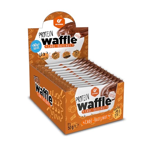NEUE REZEPTUR - GO FITNESS – 50g High Protein Waffeln Haselnuss (12 Stück) | extrem lecker & frisch gebacken | gesunde Süßigkeiten zum Muskelaufbau | Eiweißriegel 12g Protein | Low Carb Snacks