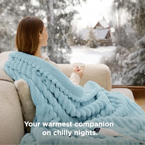 Image of Bedsure Heated Blanket Electric Throw - Thick Striped Flannel Electric Blanket, Heating with 4 Time Settings, 6 Heat Settings, and 3-Hour Timer Auto Shut Off, Gift for Grandma (50 inchx60 inch, Light Blue)