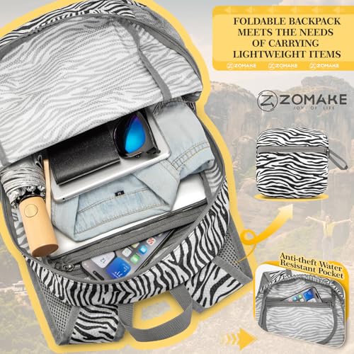 ZOMAKE Ultra Lightweight Hiking Backpack 20L, Packable Small Backpacks Water Resistant Daypack for Women Men(Zebra Print) — view 5