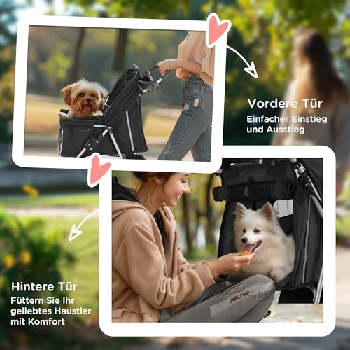 PawHut Hundewagen Hundebuggy klappbar für Hunde & Katzen bis 10 kg Katzenbuggy mit Kissen Netzfenstern Getränkehalter Aufbewahrungstasche Katzenwagen Buggy Schwarz