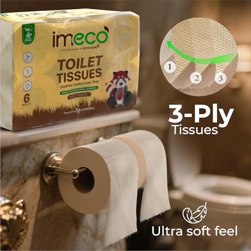 Image of IMECO 6 Rolls Toilet Tissue Paper | 960 Pulls Combo (160 Pulls x 6 Rolls) | 3 Ply Unbleached Toilet Paper Roll | 100% Bamboo | Soft & Highly Absorbent Tissues | Eco-Friendly & Hypoallergenic