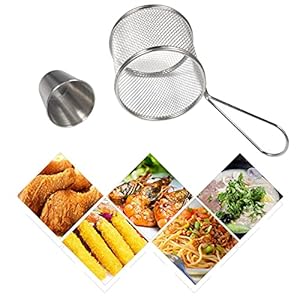 Fry Basket Sauce Cup, Mini Cylindrical Stainless Steel French Fries Basket, Snack Cooked Food Fryer Cooking Filter Basket with Cup, Mesh Basket Holder Cooking Tools for Table Serving Food(2Pcs)