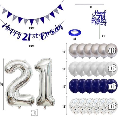 Image of 21st Birthday Decorations for Him Her, Happy 21st Birthday Banner with Blue Silver 21st Balloons Cake Topper Number 21 Foil Balloon for Men Women 21 Year Old Party Decoration