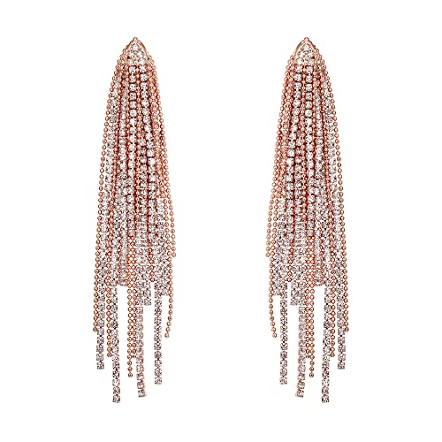 Flyonce Sparkly Rhinestone Chandelier Earrings, Crystal Statement Tassel Long Dangle Earrings fo Women s Clear Rose Gold-Tone