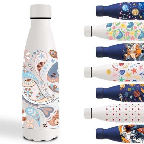 Botella Agua Acero Inoxidable 500ml, Cantimplora Acero Inoxidable, Fácil de Limpiar, Botella Agua Personalizada con Estampado, a Prueba de Fugas, Cantimplora Infantil para la Escuela, Viajar, Blanco