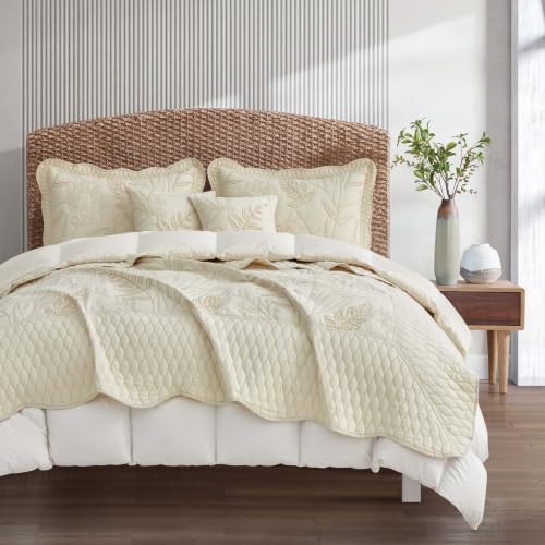 Image of Bedspread oversized Full 96x110,Beautiful Leaf Stitching,5 PC,Ivory
