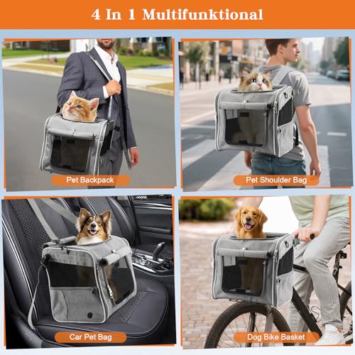Hundekorb für Fahrrad, faltbarer 3-in-1-Haustier-Fahrradkorb, Crossbody, Schulter und Handheld für kleine und mittelgroße Haustiere bis zu 12 kg, mit stabiler L-Halterung und 4 Netzfenstern, Grau