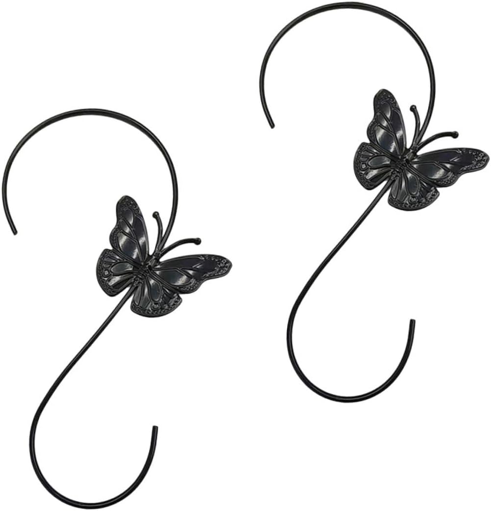 2pcs 12-inch S-Shaped Butterfly Plant Hanger Hooks for Outdoor Bird Feeder and Hanging Basket, Black Iron Wall Hooks for Patio Garden Décor