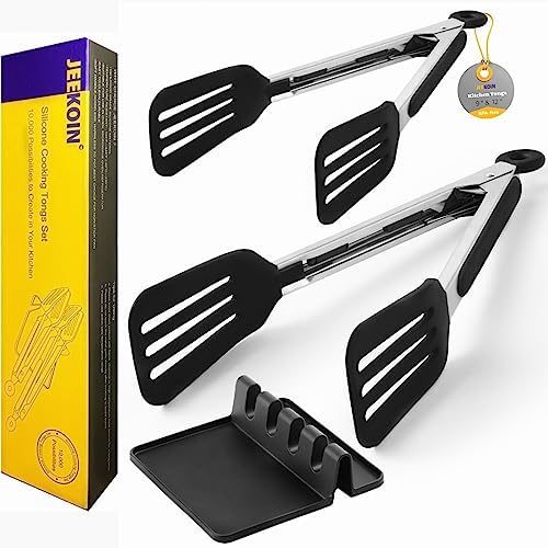 JEEKOIN Silicone Kitchen Tongs with Rest Pad, Premium Stainless Steel Spatula Tongs for Cooking 9-inch and 12-inch, Flat Tongs for Serving Fish Steak BBQ, Dishwasher Safe & BPA-free, Black