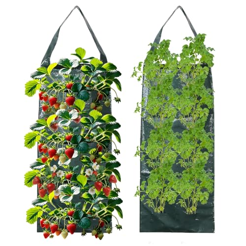 Pflanzsack Hängend, 2stück Pflanzsäcke Mit 8 Löchern Dauerhaft Atmungsaktiv Beutel Erdbeere Grow Bag Pflanzbeutel Mit Henkeln Für Erdbeere Kräuter Gemüse Draußen, 60x25cm