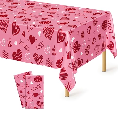 Image of 2 Pack Valentines Tablecloth, Disposable Romantic Love Tablecloths, 54 inch X 108 inch Plastic Valentines Decorations, Red Pink Galentines Decorations, Heart-shaped Table Cloths for Love Engagement Party