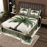 Coconut Tree Bedspread Queen Size,Green Palm Tree Bedding Set 3Pcs for Kids Teens Woman Men Room Decor,Tropical Plants Comforter Set Rustic Farmhouse Light Brown Quilt Coverlet,2 Pillowcases