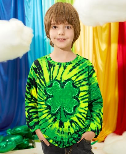 Image of Unisex Kids St. Patrick's Tie Dye Irish Clover Long Sleeve Shirt Shamrock Green Sweatshirt 6-14 Years