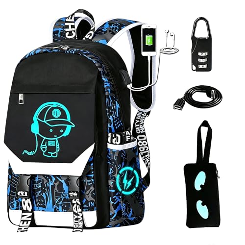 CHENGXiYANG Mochila luminosa anime à prova d'água. Mochilas descoladas Mochila Laptopeight de grande capacidade de 15 cm com porta USB para fones de ouvido. Mochila luminosa. Trava de segurança, Azul,