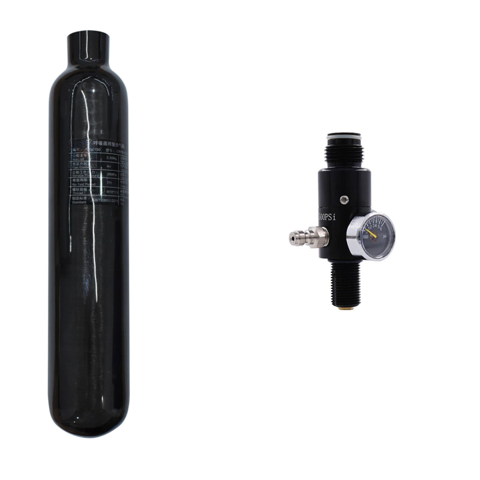 TUXING Serbatoio in fibra di carbonio 0,5L, 4500Psi PCP HPA Serbatoio Aria Cilindro Composito con valvola di regolazione Manometro Pressione di uscita 2200Psi