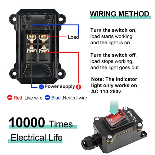 Qteatak JF-0101 Inline Cord Switch Dpst Ac/Dc 20A-125V,16A-250V,30A-24V,35A-12V, Ip66 Waterproof Switch Red Light Open Single Hole Outdoor Start Stop Switch Kcd4 thumb #4