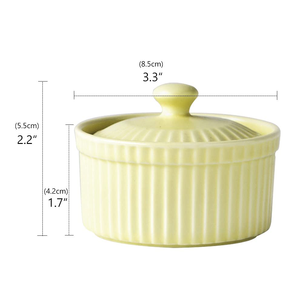 Meltset - Ramequines de 4 onzas con tapas, cuencos de cerámica aptos para horno, platos de porcelana para hornear soufflé, crema brulee, pastel de lava, postres de helado, aperitivos (juego de 5,