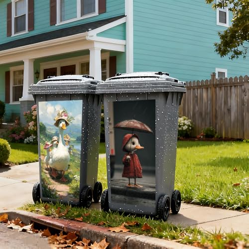 Image of 2 PC Trash Can Sticker 14.57 x 32.28 Inch Goose and Duck Design Vinyl Sticker with Floral Hat Umbrella and Meadow Path Pattern for Outdoor Garbage Bin Garden Yard Driveway Decor