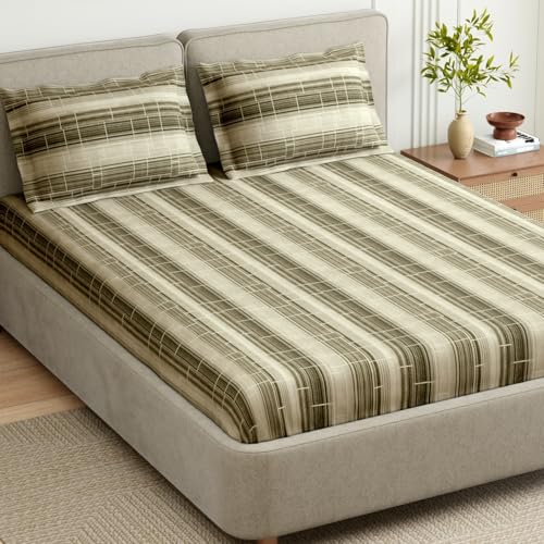 Image of haus & kinder Elastic Bedsheet for King Size Bed|144 TC Pure Cotton Elastic Fitted King Size Bedsheet with 2 Pillow Covers (72x78x10 Inches)-Green Linear Muse Green