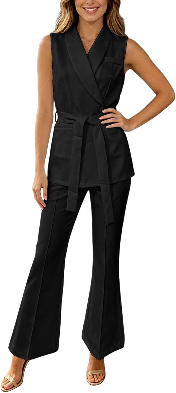 Vest and Pants Set Women Wedding Guest Sleeveless Belted Blazers Wide Leg Pant Suit Dressy Casual Business Work Suit