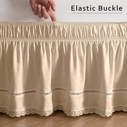 MIYE Wrap Around Ruffled Lace Bed Skirt, Elastic Dust Ruffle with Adjustable Belts, Easy to Put On, Bed Frame Cover, Machine Washable (Floral Lace/Beige, King/Queen-12.5" Drop) by MIYE - Image 5