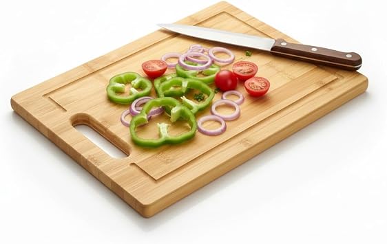 Deconox Rectangular Bamboo Cutting Board (34x24 cm) | Antibacterial, Corrugated and Handle Chopping Board | Meat, Vegetable and Bread Board