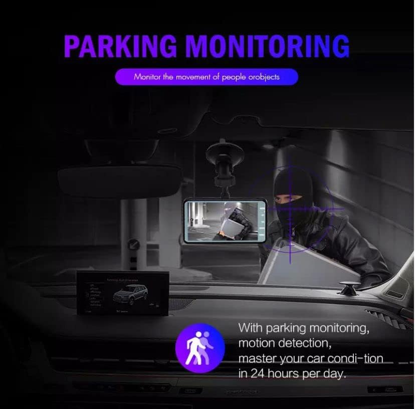 Image showing the DVR mounted in a car, displaying a person approaching the vehicle, with text 'PARKING MONITORING Monitor the movement of people or objects'