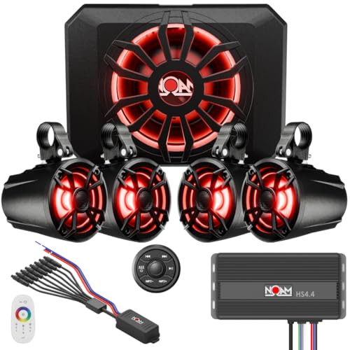NOAM NUTV5-S Quad PRO - Marine ATV/Golf Cart/UTV Stereo System kit with 4 Waterproof LED Light Tower Speakers Subwoofer Weatherproof Controller with Bluetooth and AUX Input and Four Channels Amp