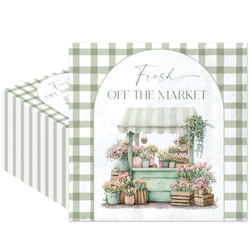 FodeMoraka Fresh off The Market - 50 Pcs 2-Ply Green Farmers Floral Bridal Shower Bachelorette Napkin Party Decorations Supplies Disposable Paper Cocktail Beverage Dinner Napkins Table Decor Set