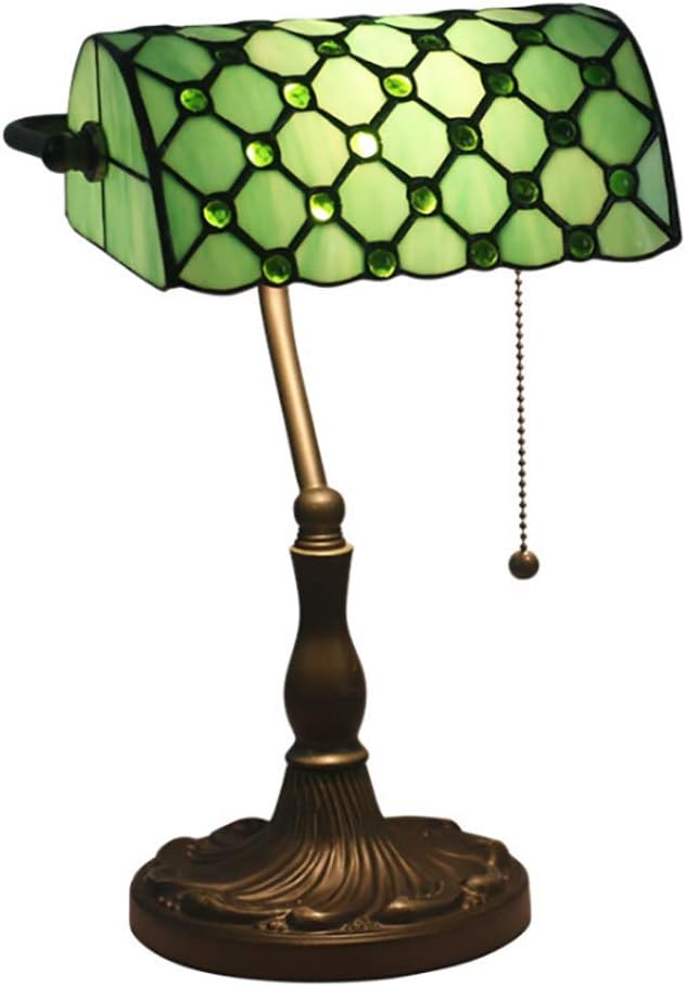 Bankers Lamp 10 Inches Tiffany Style Stained Glass Banker Desk Lamp Table Lamp for Bedroom, Beside,Office, Zinc Alloy Base,Pull Cord Switch,Green