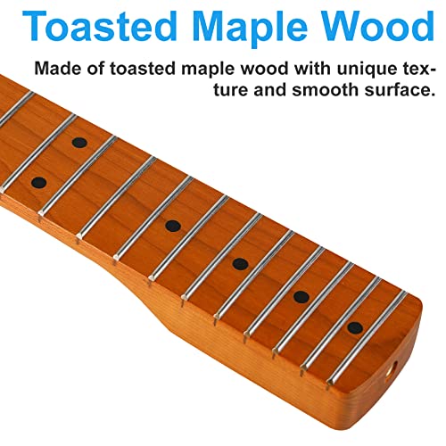 St Electric Guitar Neck Replacement, 21 Fret Canadian Roasted Maple Guitar Neck, Skunk Stripe Back Inlay,14" Radius Of Fingerboard,Bone Nut #TOP4