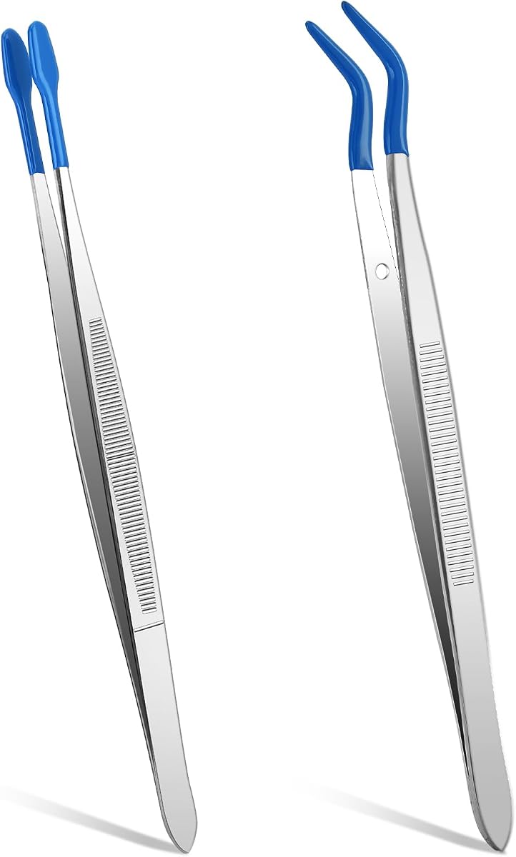 Rubber Tipped Tweezers, 2 Pcs PVC Coated Craft Tweezers Long Bent and Straight Flat Tip Precision Tweezer Set for Crafts Stamps Coin Beads Jewelry Industrial Electronic Lab (Blue)