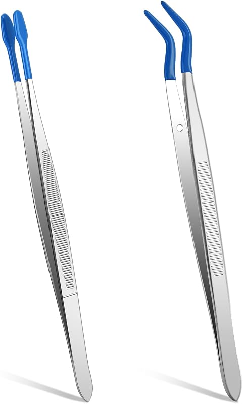 Rubber Tipped Tweezers, 2 Pcs PVC Coated Craft Tweezers Long Bent and Straight Flat Tip Precision Tweezer Set for Crafts Stamps Coin Beads Jewelry Industrial Electronic Lab (Blue)