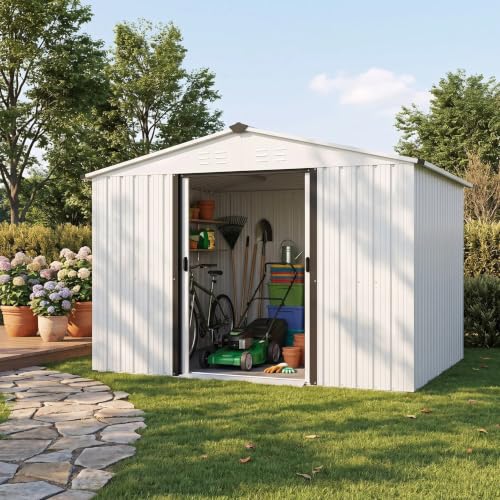 Crownland Outdoor Vented Backyard Garden Storage Shed 6X8 Feet Tool House with Sliding Door Outdoor Lawn Steel Roof Sheds (White)
