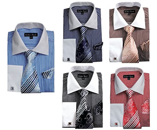 Fortino Landi Men's Striped Dress Shirt W/French Cuff Links, Tie And Hanky Set #631 (19-19 1/2, 36/37, Red) #TOP4