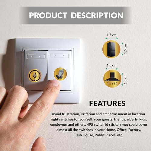 Image of Gold Black Metallic Colour Switch Board Stickers for Home | 330 Labels with 22 Icons for Fan Light AC Fridge | Elegant Electric Switch Stickers for Button Labeling | Modular Switch Panels