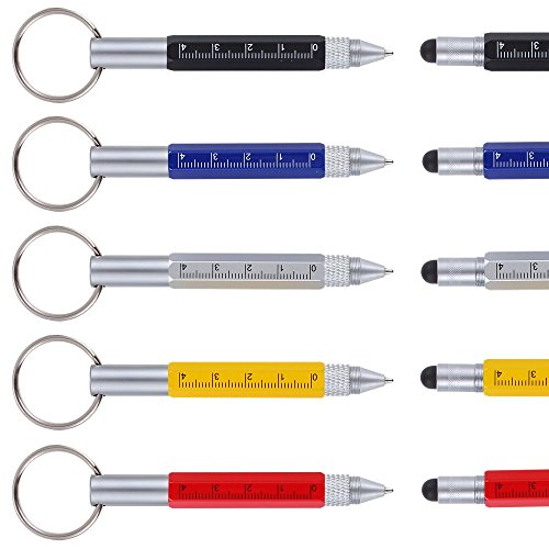 Shulaner 6 in 1 Small Metal Tech Tool Ballpoint Pens with Key Ring, Ruler, Stylus and Two-head Screwdriver, Multi functional Tool Fits for Mens or Women, Pack of 5