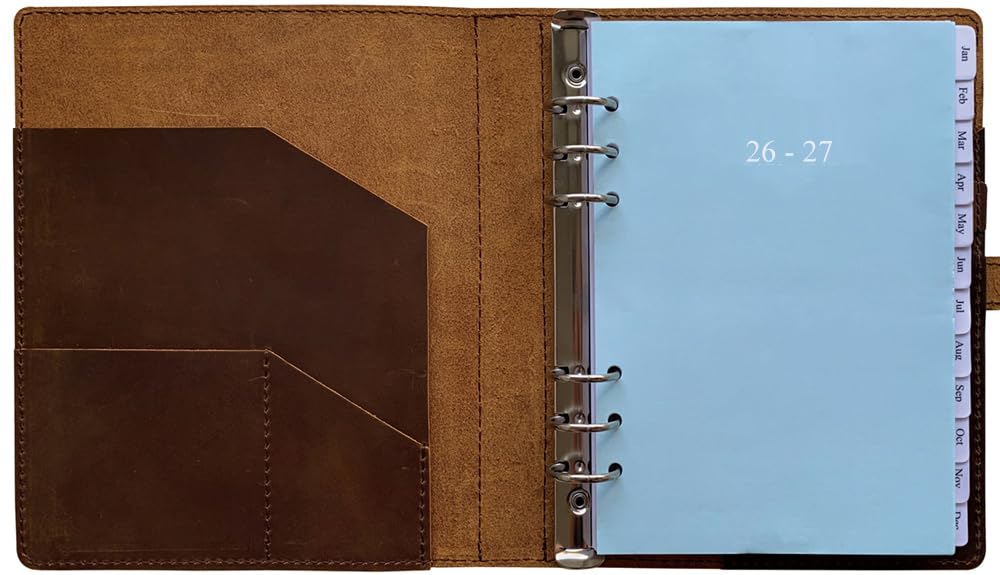 Agenda 2026-2027 in pelle, formato A5, con pagine settimanali e mensili, per uomini e donne, tasche interne e portapenne, ricaricabile