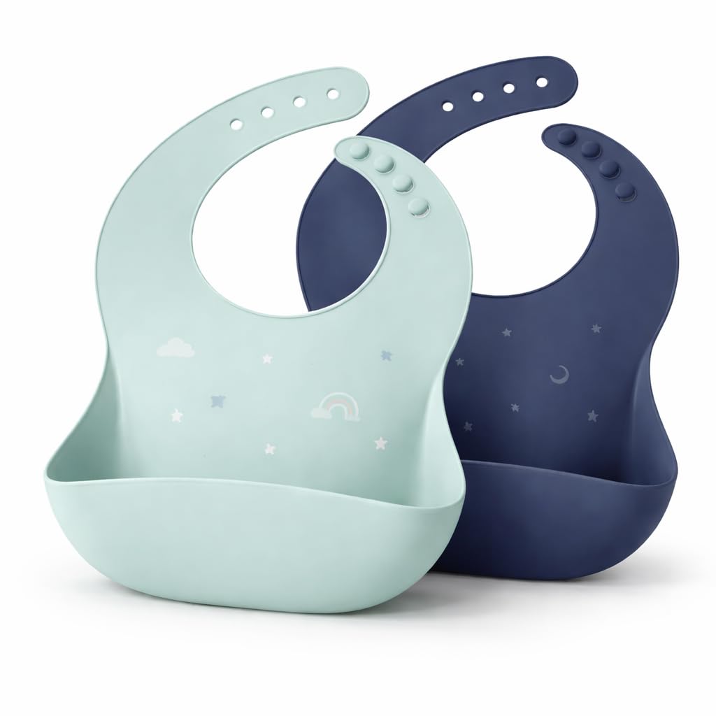 babyrose silicone baby bib set of 2 waterproof feeding bibs for babies & toddlers bpa free soft adjustable bib with food catcher pocket easy clean baby feeding accessories light & dark combo