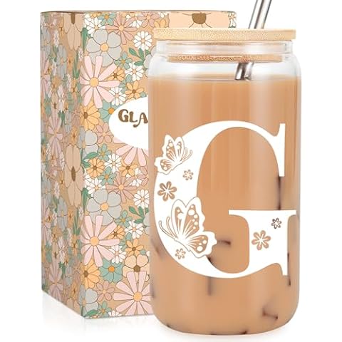 Fairy's Gift Initial Glass Coffee Cup w/Lid Straw, Butterfly Iced Coffee Tumbler, 16 oz Cute Glass Cups, Personalized Aesthetic Cup Gifts, Monogrammed, Christmas, Birthday Gifts for Women Mom Friend Cover
