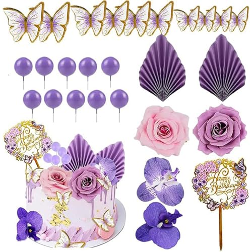 FOSDICK 27 PCS Boho Tortendeko Blumen, Happy Birthday Tortendeko, Kunstblumen Violett Kugeln Torten Deko, Kuchen Deko Set,Cake Topper, Tortenaufsatz für Baby Shower Hochzeit Geburtstag Party (Violett)