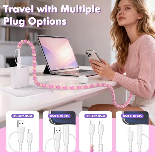 Coolden USB C Cable for iPhone Charger Cord 4 in 1 Multi Charging Cable Cute Beaded Fast Charger Cable for Girls Women for iPhone 17 16 15 Pro Max,Galaxy S25 S24 Ultra,iPad 11th/10th Gen Pink by Coolden - Image 2