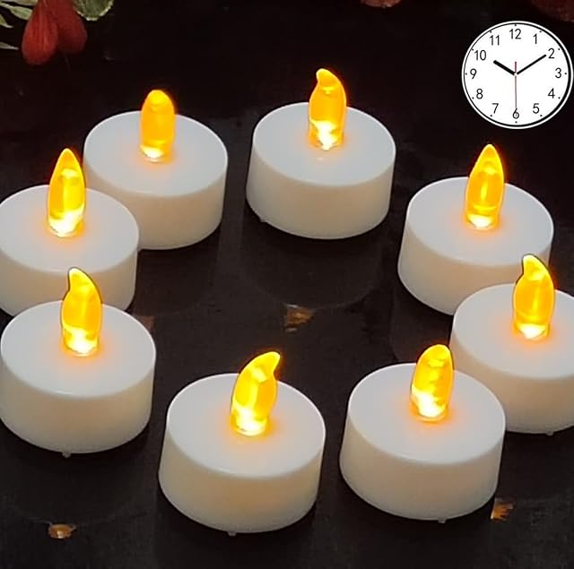 Led Tea Lights Timer,12 Pack Flickering Battery Operated Flameless Led Tea Light Candles with Timer,6H ON/18H Off, Electric Led tealights for Wedding,Halloween,Christmas,Festival..in Warm Yellow