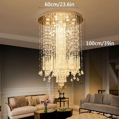 Plafonnier cristal luxe grand lustre rond chic goutte de pluie salon