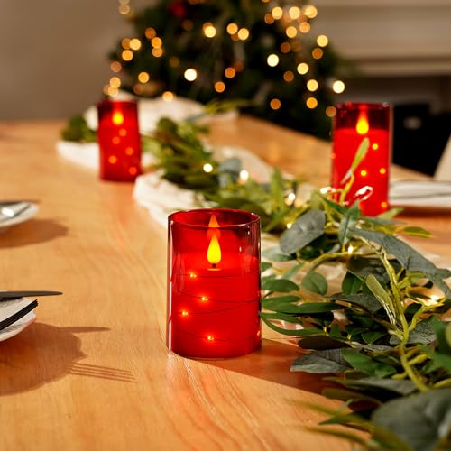 Image of Amagic Red Flameless Candles 3 Set, Flickering Battery Operated Candles Embedded Fairy String Light, Realistic Pillar Candle with Remote Control and Timer, Acrylic, D3 x H4 5 inch 6 inch