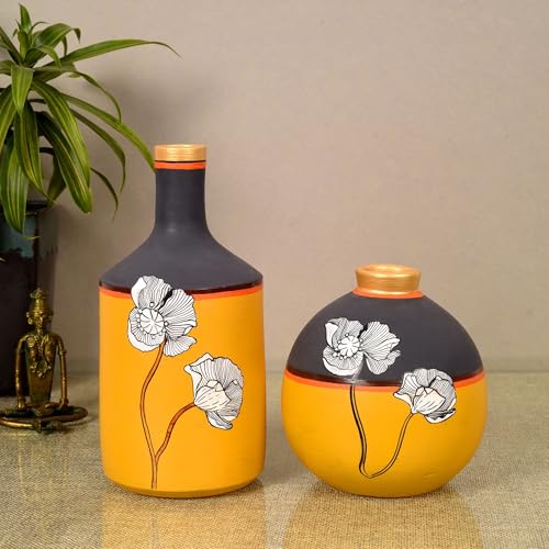 Image of Aakriti Art Creations Sunflower Dreams Terracotta Vases S02 | Set of 2 Handmade Decorative Vases | Yellow Matte Finish Floral Art Flower Vases for Living Room, Table Decor & Gifting