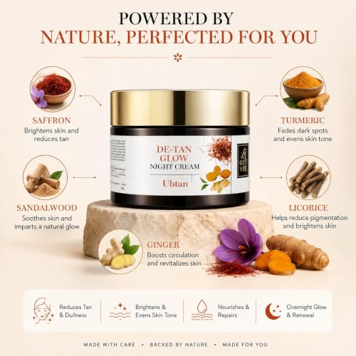 Image of Ubtan De-Tan Glow Night Cream | Skin Brightening & Overnight Repair Cream | Reduces Tan, Dullness & Uneven Skin Tone | Hydrating Face Cream for Women & Men | 50g