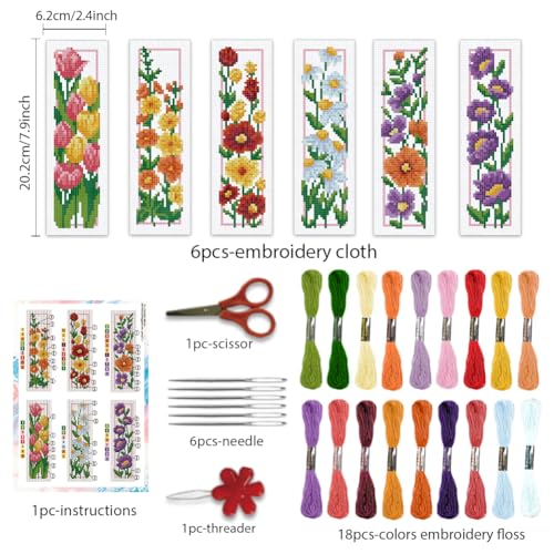 Image of BEUNITONE 6 Set Floral Bookmark Cross Stitch Kits for Beginners with Instructions Floral Bookmarks Cross-Stitch Kit Stamped Embroidery Bookmark DIY Crafts Book Marker for Book Lovers 8''x2.4'' 11CT