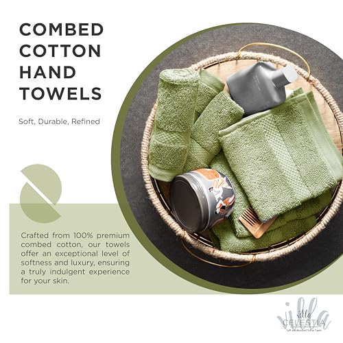 Image of Villa Celestia Cotton Hand Towels Set of 2, 16 x 28, Oeko-TEX Certified, Quick Dry, Sage